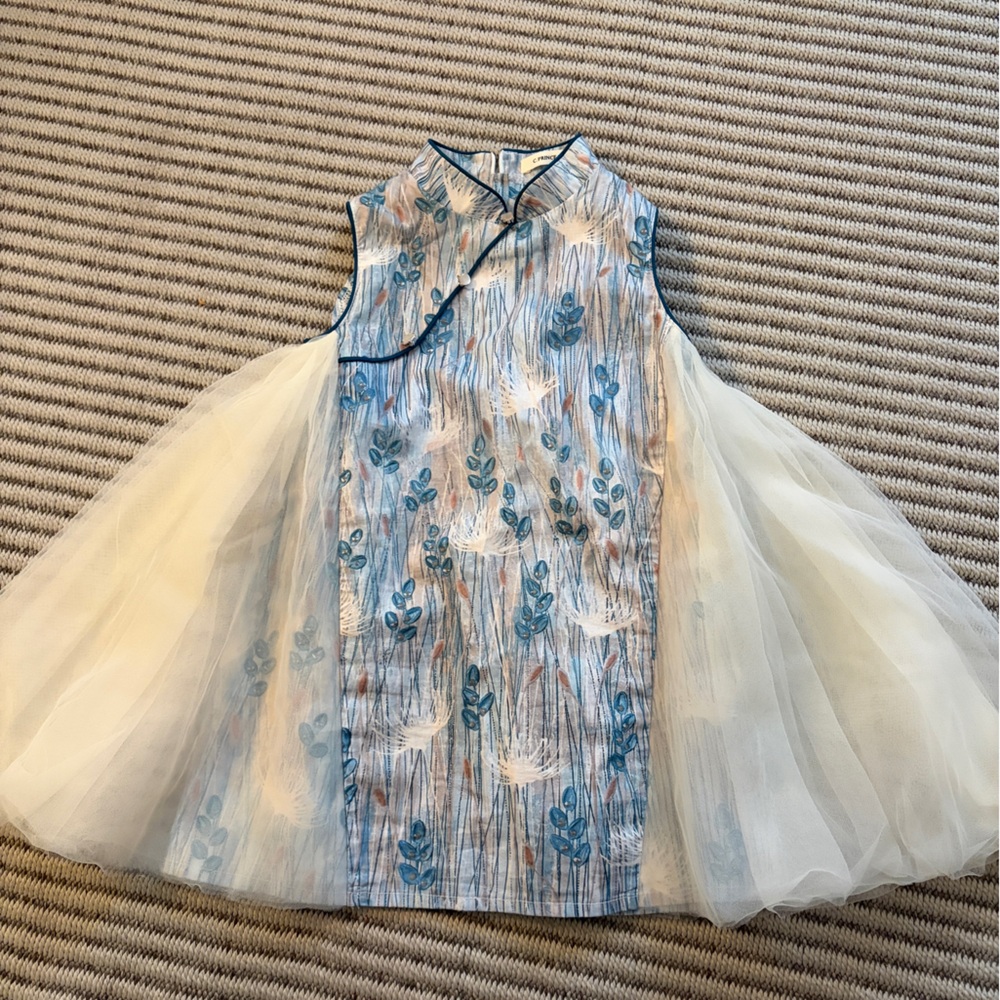C. Prince Kids Girls Blue Floral Tulle Party Dress